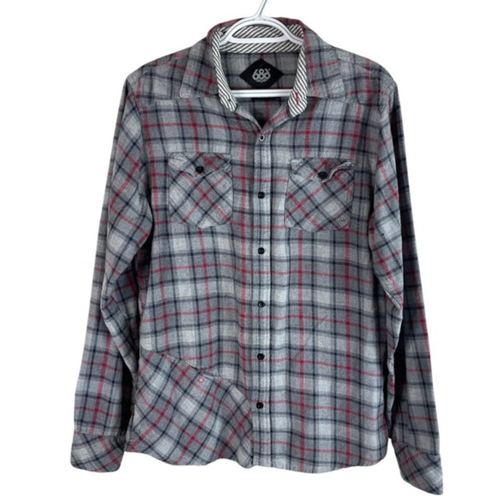 686 Mens Flannel Button Up Shirt Medium Gray Red Plaid Long Sleeve Cotton